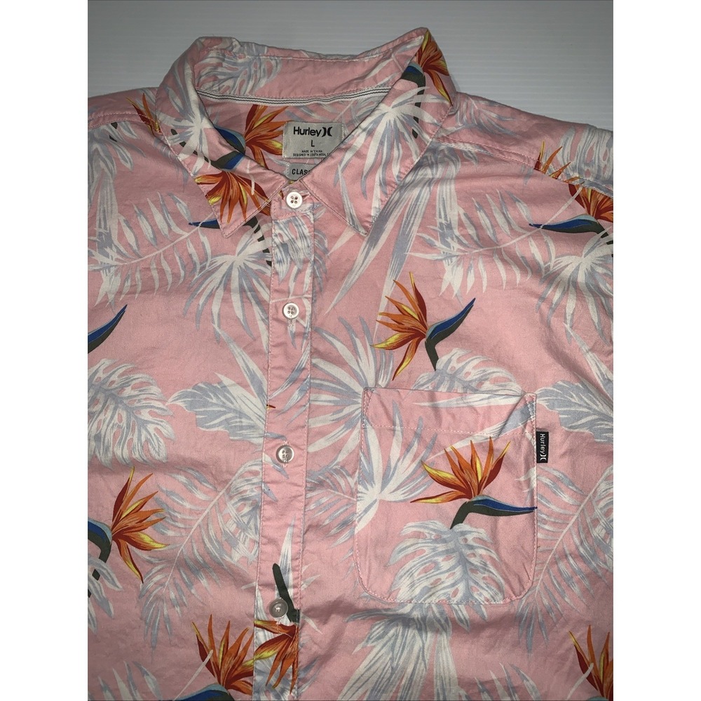 Hurley Short Sleeve Button Up Classic Fit Shirt L Pink Floral Hawaiian Tropical‎ - Picture 4 of 11